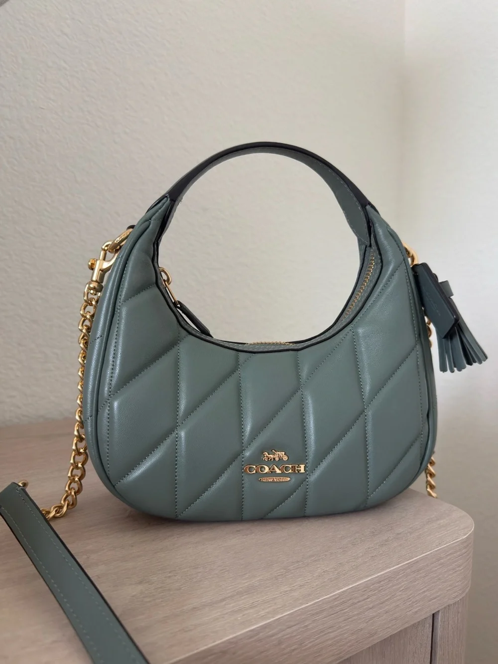Emily Shoulder Bag/ Coach Quilted Mini Hobo Bag in Sage Green with Gold Hardware